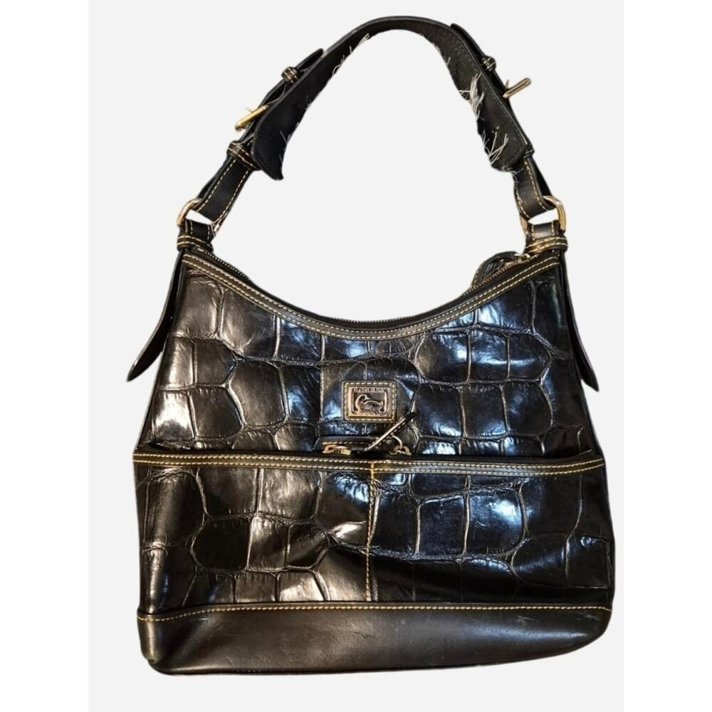 Vintage Dooney & Bourke Black Croc-Embossed Leather Hobo Bag.